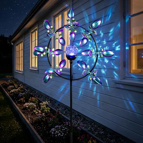 Image of Large Peacock Solar Wind Spinner Outdoor - Metal Kinetic Sculptures with Color-Changing Glass Ball, Dual Direction Spinning Garden Art Decor, Waterproof Lighted Windmills for Patio, Yard, Lawn