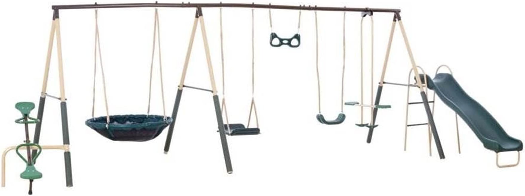 XDP Recreation Deerfield Outdoor Playground Swing Set with Slide, See Saw, Trapeze Swing, Fun-Glidr, Swing Seat, and Stand N Swing