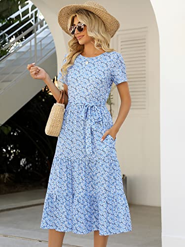 Lyrur Summer Dress Women Short Sleeve Belted Tiered Midi Babydoll Casual Summer Cotton Sundress With Pockets(L,9191-Blu Daisy) #TOP5
