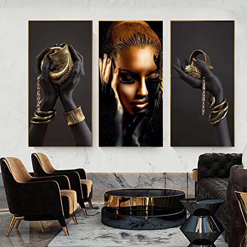 Art mural affiche de luxe femme noire aux mains dorées sur toile salon design 60x120