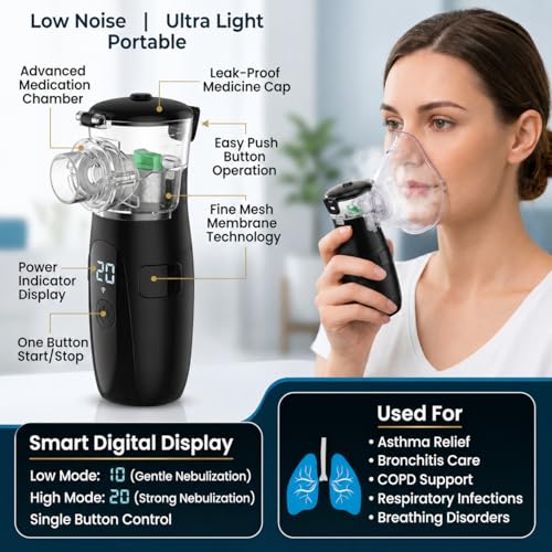 Image of Portable Ultrasonic Mesh Nebulizer Machine Cool Mist Inhaler for Adults & Kids (Black)