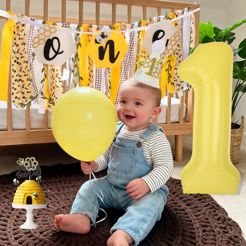 Image of Happy 1st Bee Day High Chair Banner for First Birthday Party Decorations | Bumble Bee High Chair Fabric Banner for Boys Bee First Birthday High Chair Tassel Banner for Backdrop Decorations Photo Props