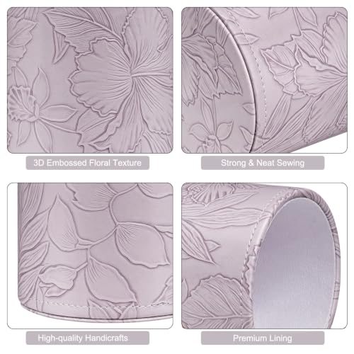 Image of Round Leather Pen Holder for Desk, Desktop Organizer,(Carved Purple)