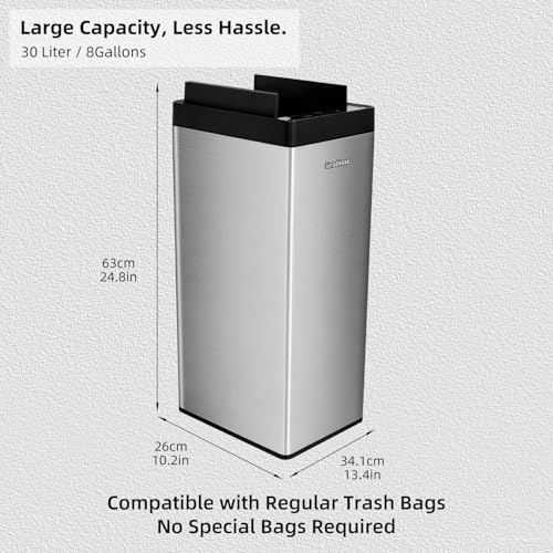 Image of Kitchen Trash Can with Air-Press Bag Expander - 8 Gallon Smart Matte Stainless Steel Bin with Motion Sensor Butterfly Lid for Home, Living Room, Bedroom, RV