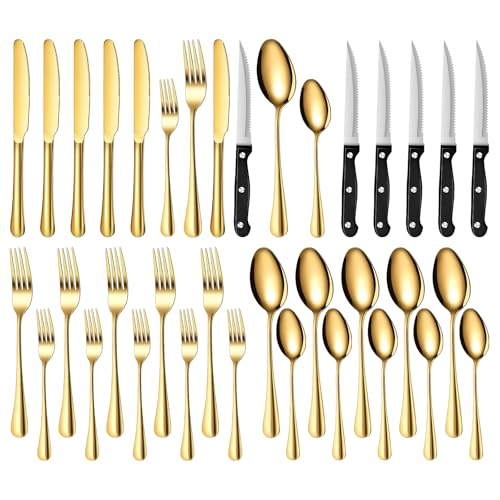 TAN REN Gold Besteck Set 6 Personen, 36-teiliges Edelstahl Besteckset mit Steakmesser, Elegantes Essbesteck Set mit Messer Gabel Löffel, Cutlery Set...