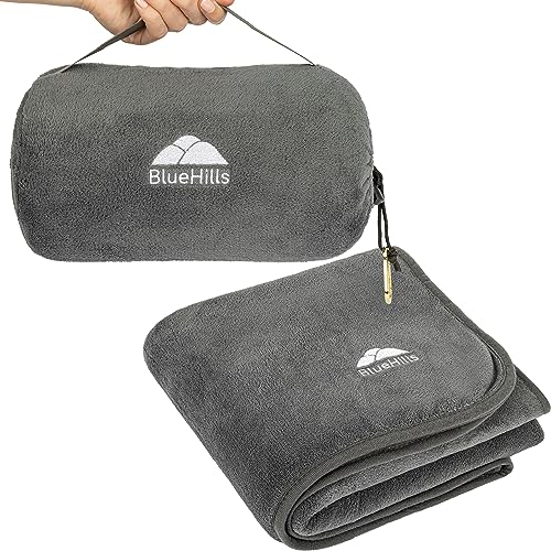 BlueHills Travel Blanket Pillow Rolled Premium Soft Plush Airplane Throw Traveling Essentials Compact in a Bag 70 X 48 inches for Long Plane Flight Portable Lightweight Grey Gray R01