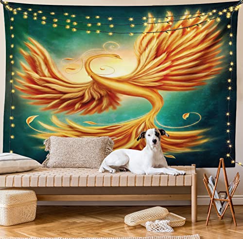 Ambesonne Modern Tapestry, Phoenix Charming Bird Feathers With Alluring Swirls Work Of Art, Wall Hanging For Bedroom Living Room Dorm Decor, 40" X 60", Marigold Emerald #TOP7