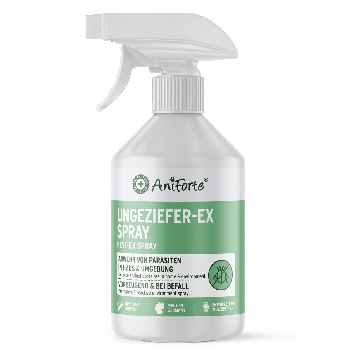 AniForte Ungeziefer-Ex Spray 500ml – Umgebungsspray bei akuten Befall gegen Mücken, Insekten, Milben, Läuse, Bettwanzen, Ungeziefer Spray für Zuhause, Hunde & Katzen Liegeplätze, Insektenspray Abwehr