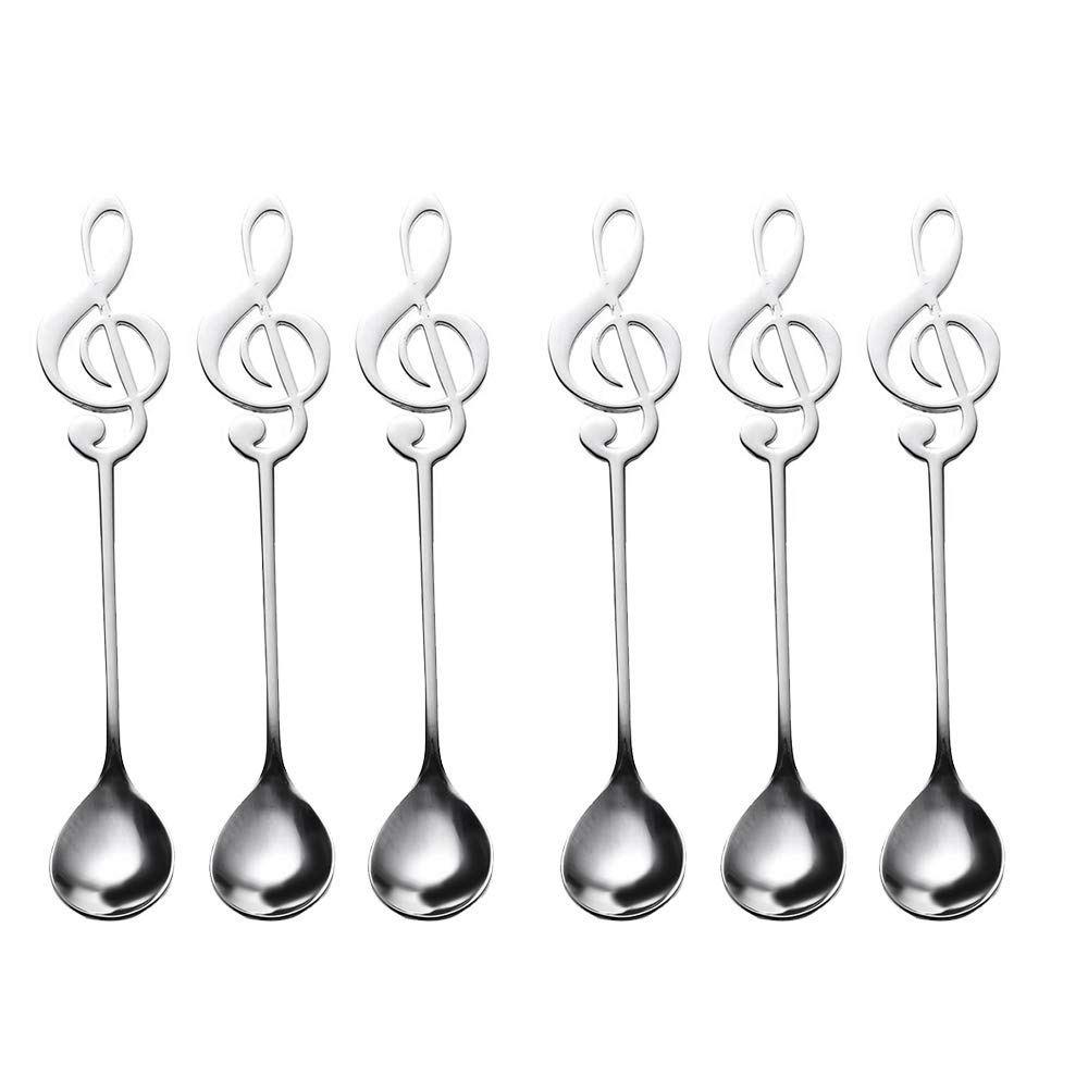 NONDK 6 Pack Cute Teaspoons Stainless Steel Musical Notation Shaped Coffee Spoons Dessert Cake Ice Cream Sugar Spoon