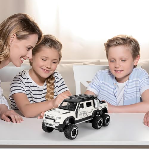 Image of 1:24 Land Rover Defender Six Wheels Off-Road Pickup Car Model, Pull Back Diecast Truck Collectible with Sounds & Lights, Gift for Kids, Boys, Girls, and Adults (White)