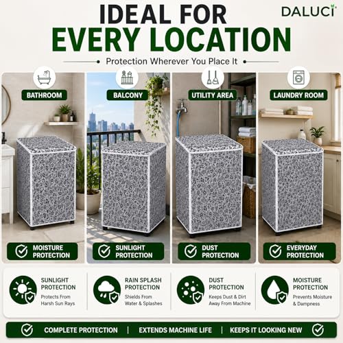 Image of DALUCI Top Load Fully Automatic Washing Machine Cover | Waterproof & Dustproof Polyester Fabric with Zipper | Protective Cover for Washing Machine (Black & Grey, 59X59X86 CM)