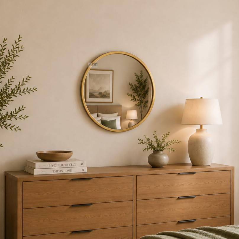 Image of Ali.G.I Round Wall Mirror, Modern Metal Framed Decorative Circle Vanity Mirror for Bathroom, Living Room, Bedroom & Entryway (Gold 18 inch)
