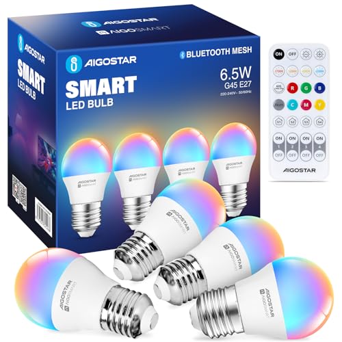 Aigostar Mesh - G45 6.5W Bluetooth Mesh Smart Bulb, Alexa E27 LED 555LM RGB & 2700K-6500K, Alexa Lampadina 16 milioni di colori, 4 unità (con telecomando Bluetooth)