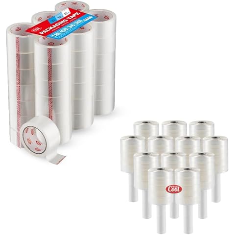 Simply Cool Packing Tape 36 Pack of 100 Yards and 12 Pack Mini Hand Stretch Wrap 5" Cover