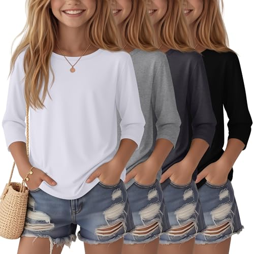 Image of 4 Pack Girls 3 /4 Sleeve T Shirts Kids Crewneck Elbow Sleeve Casual Tops Solid Basic Cute Teen Tees 5-14Y