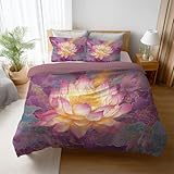 Generico Set Copripiumino Singolo 135 x 200 cm 1 Federa - Rosa classico Morbido Set di biancheria da letto di Alta Qualità, Stile orientale Oro Loto Parure Copripiumino con Stampa Digitale