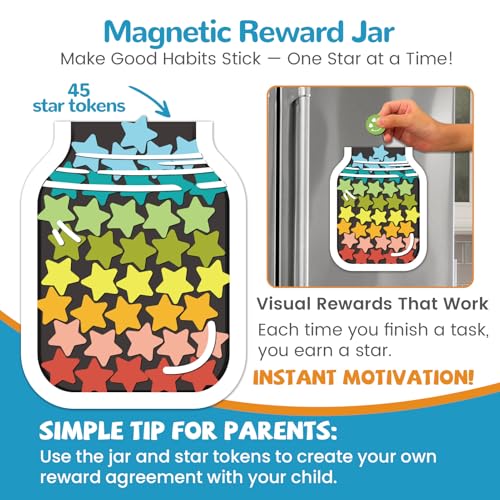 Image of JJPRO Magnetic Reward Chart for Kids with Reward Jar- Behavior Reward Chart System, Toddlers Daily Routine,Visual Schedule Board,96 Reusable Stickers& 45 Star Tokens to Motivate Responsibility-Blue
