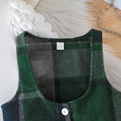 Image of Toddler Girls Christmas Outfits Girls Puff Sleeve Knit Ribbed Tops Button Down Vest Plaid Skirt Set Winter Clothes