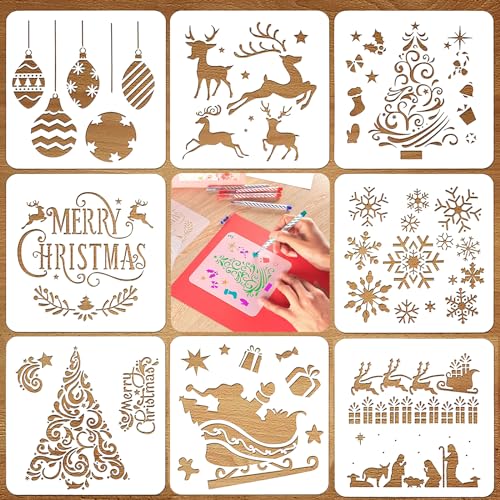 Weihnachten Schablonen, CIYIN 8 Stück Kunststoff Zeichenschablonen Malschablonen, Wiederverwendbar Stencil Schablonen, Weihnachtsbaum Weihnachtsmann Schneeflocke Elch Vorlage für DIY Dekoration