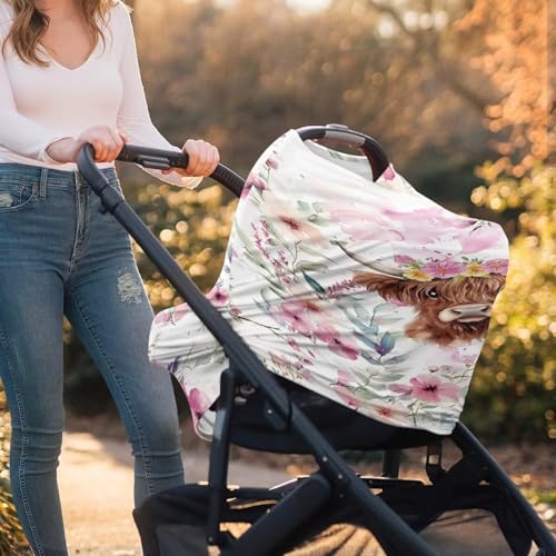 Image of Wanyint Highland Cow Floral Pink Baby Car Seat Covers Cute Carseat Canopy for Babies Boys Girls Multi-use Nursing Breastfeeding Covers Nursing Scarf