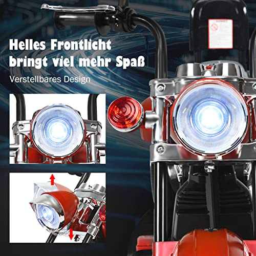 COSTWAY 6V Elektro Motorrad Kinder mit verstellbaren Scheinwerfer, Dreirad Elektromotorrad mit Sound | Hupe | Rückspiegel | Pedale, Geschwindigkeit 2,5-3 km/h (Rot) – Bild 4