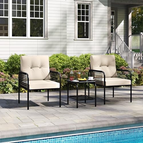 GYMAX Fauteuil et Table Basse pour 2 Personnes, SalonJardin Extérieur 3 Pièces avec Coussins de Dossier et d'Assise, Chaise en Rotin PE, Table en Verre Trempé, pour Patio, Balcon, Terrasse – Image 3