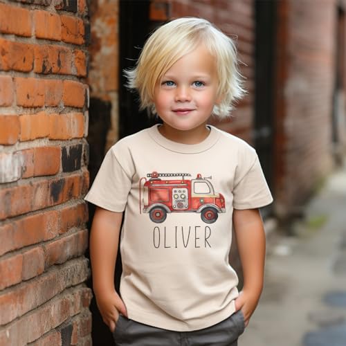 Custom Red Fire Truck Shirt - Retro Fireman Pretend Play - Personalized Fire Engine Birthday T-Shirt - Natural Toddler Youth Tee2