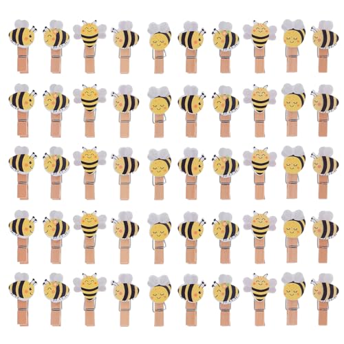 iplusmile 50個 蜜蜂モチーフ木製ミニクリップ ジュート紐付き 写真やカードの装飾に お菓子袋の密封やクラフト向けおしゃれな食品クリップ