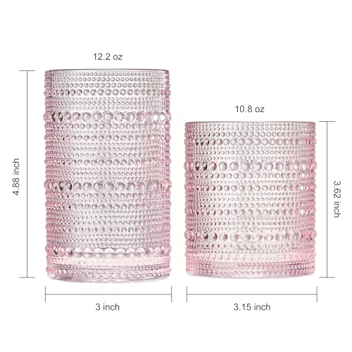 Image of Khen Hobnail Beaded Highball Drinking Tumbler Glasses | Set of 12 | Pink Blush Color, Vintage Bubble Design Whiskey Glassware, Old-Fashioned, Embossed Design for Water, Wine, Cocktail, Rocks Glass