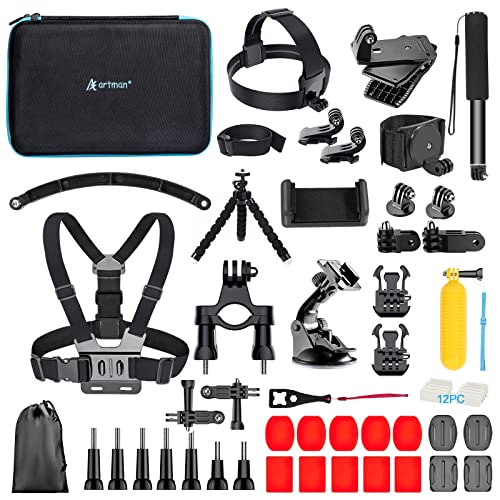 Artman Action Camera Accessories Kit 60-In-1 for Gopro MAX Hero 11 10 9 8 7 6 5 Session 4 3+ 3 2 1 Black Silver SJ4000/ SJ5000/ SJ6000 DJI OSMO Action DBPOWER AKASO Xiaomi Yi APEMAN