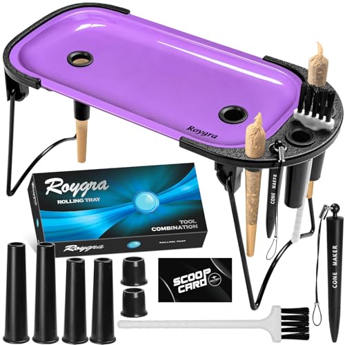 roygra Foldable Rolling Tray Set with Cone Loader Cone Filler Roller - Pre Roll Machine Metal Rolling Machines for King Size 1-1/4 Size or 70mm Cones Smoking Accessories 9 x 4 inch - Purple