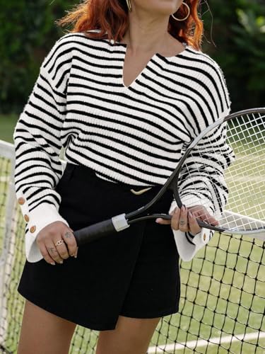 Saodimallsu Womens Striped Sweater Oversized V Neck Knit Long Sleeve Drop Shoulder Trendy Loose Pullover Sweaters3