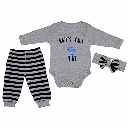 Unique Baby Girls Lets Get Lit Hanukkah Layette Set with Headband (12 Months) Grey