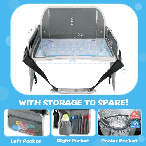 MENZOKE Kids Travel Tray for Boys or Girls, Travel Tray for Kids Car Seat with Tablet Holder, Dry Erase Board & Cooler Cup Holder, Road Trip Essentials Accessories for Car Trip, Airplane (2 Pack)