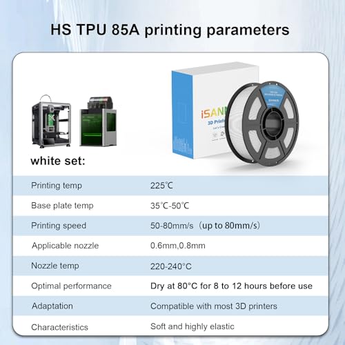 Image of iSANMATE 85A TPU Filament 1.75mm, White, 1kg | iSANMATE Filament; Soft Flexible TPU HF; Compatable with Bambu Lab & most FDM 3D Printers; 1kg /2.2lbs; 50-80mm /s