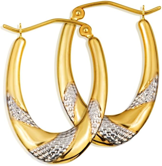 Solid 14K Two-Tone White and Yellow Gold Lightweight Reversible Beaded Hoop Earrings for Women, 1.6mm Thick (25mm x 16.5mm)