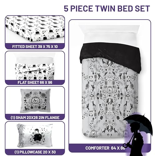 Image of Wednesday Addams Twin Comforter Set 5 Piece Floral Bedding for Girls, Gray