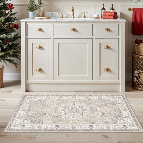Image of Washable 2x3 Entryway Area Rug - Neutral Kitchen Rug Runner Vintage Soft Floor Mat Non Slip Indoor Farmhouse Carpet for Bathroom Living Room Bedroom (2 X 3, Beige)