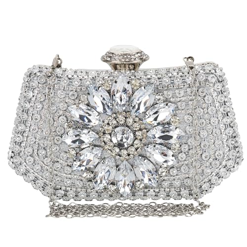 Image of Women's Sparkly Rhinestone Clutch Purse Evening Shoulder Bag | Crystal Glitter Sequin Handbag With Handle & Chain, Convertible Crossbody Bag For Bridal Wedding Party Prom or Formal Events