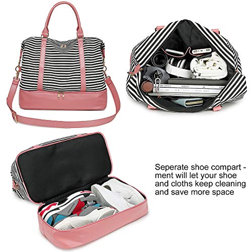 BLUBOON Weekender Overnight Bag Women Ladies Carry-on Tote Canvas Travel Duffle Bag with Shoe Compartment in Trolley Sleeve (289 Pink -black stripe)