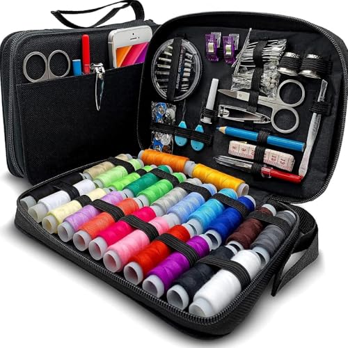 Estojo de Costura com 95 Itens Kit de Costura com Linhas Coloridas Agulhas Botões Clips Alfinetes Tesoura Cortador Pinça Fita Métrica Lápis Passadores Dedais Abridor e Estojo com Zíper
