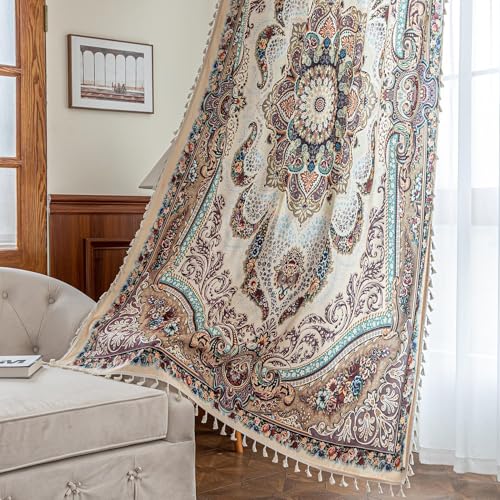 Image of Brown Medallion Curtains 72 Inches Long, Vintage Paisley Boho Farmhouse Light Filtering Rod Pocket Drapes with Tassel Trim for Bedroom Living Room, 2 Panels