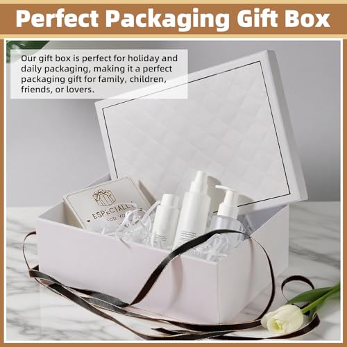 Geschenkbox mit Deckel, 25x18x8.5cm Falt Geschenke Box mit Schleifen, Raffia, Grußkarten - Set, Geschenkbox Geburtstag für Valentinstag Geburtstage Weihnachten Hochzeit (Weiß)