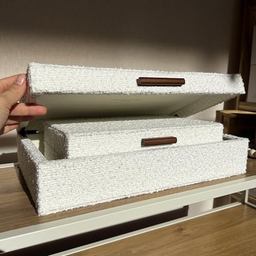 Set of 2 Ivory Bouclé Fabric Decorative Boxes with Wooden Handles, Modern Jewelry Boxes, Storage Boxes, Keepsake Boxes, Photo Memory Organizer, 14.2x8.6x3.5in - Image 6