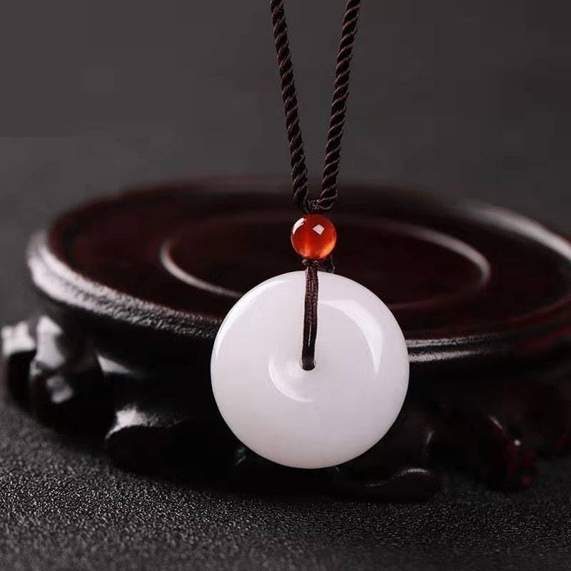 Natural White Jade Donut Pendant Necklace with Red Bead – Handmade Good Luck Amulet with Adjustable Cord - Image 2