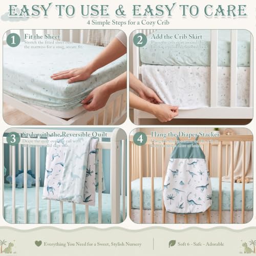 Image of Hahafelt 4 Pieces Crib Bedding Set for Girls and Boys, Soft Baby Bedding Set Including Crib Skirt, Comforter, Sheet and Diaper Stacker for Nursery (Dinosaur Theme)
