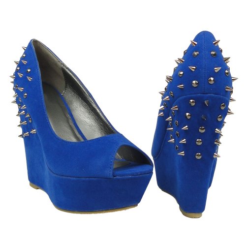 DS By KSC Womens Peep Toe Platform Slip On Party Back Spiked Wedges Shoes Blue Size 5.5