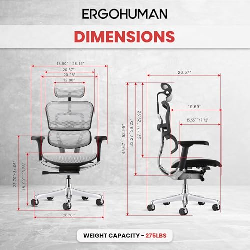 Image of Ergohuman Eurotech ME7ERG GEN2 High Back Mesh Office Chair with Tilt Tension Control, Tilt Lock, Back Angle, Back Height, Synchro Tilt, Seat Height, Seat Depth, and Arm Height Adjustments, Grey