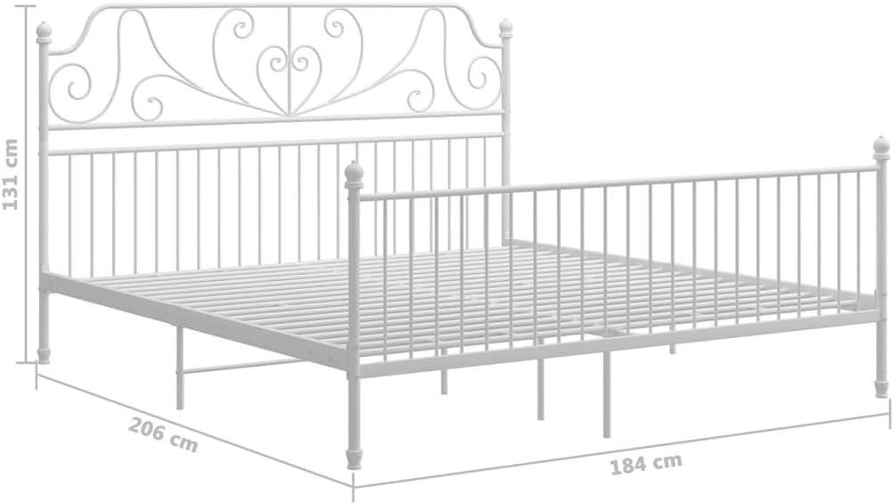 Diagram showing the dimensions of the Generic White Metal Super King Bed Frame: 206 cm length, 184 cm width, 131 cm height