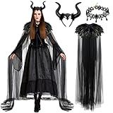 disfraz malefica amazon 9 Disfraz Malefica Mujer, Disfraz Halloween Adulto Mujer, vestido de reina malvada con cuernos de reina, capa de plumas y falda de tul, disfraz de bruja gótica para Halloween, carnaval, carnaval